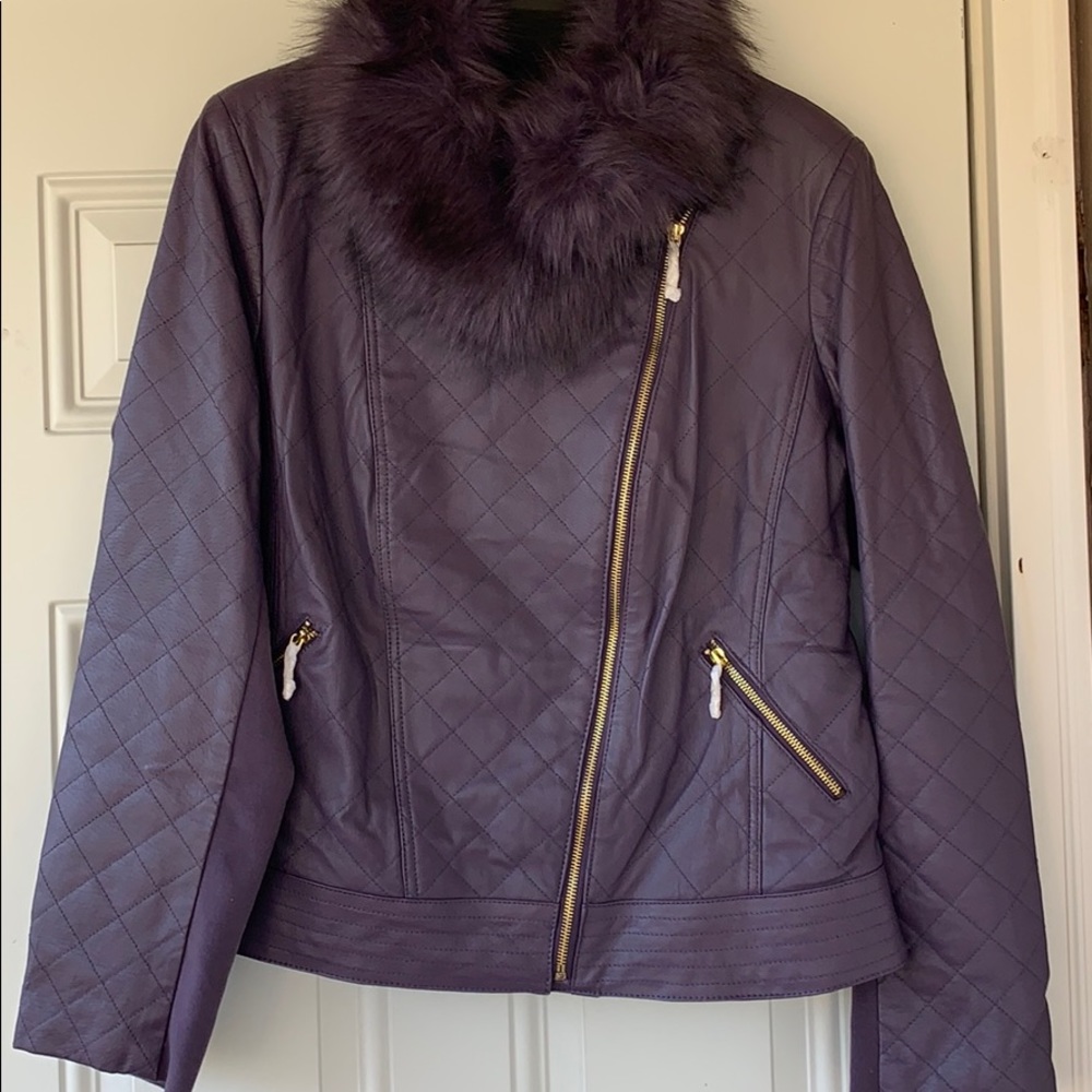 Genuine Leather Iman Moto jacket with faux fur Collar - Purple
